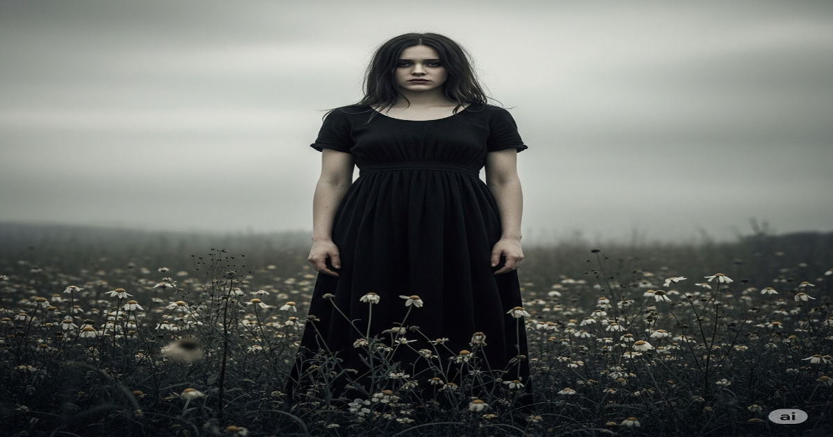 A sad girl standing alone in a field wearing a black dress, with a deep emotional expression, under a grey sky – perfect for Urdu sad poetry theme. sad girl emotional expression alone in field Urdu sad poetry image